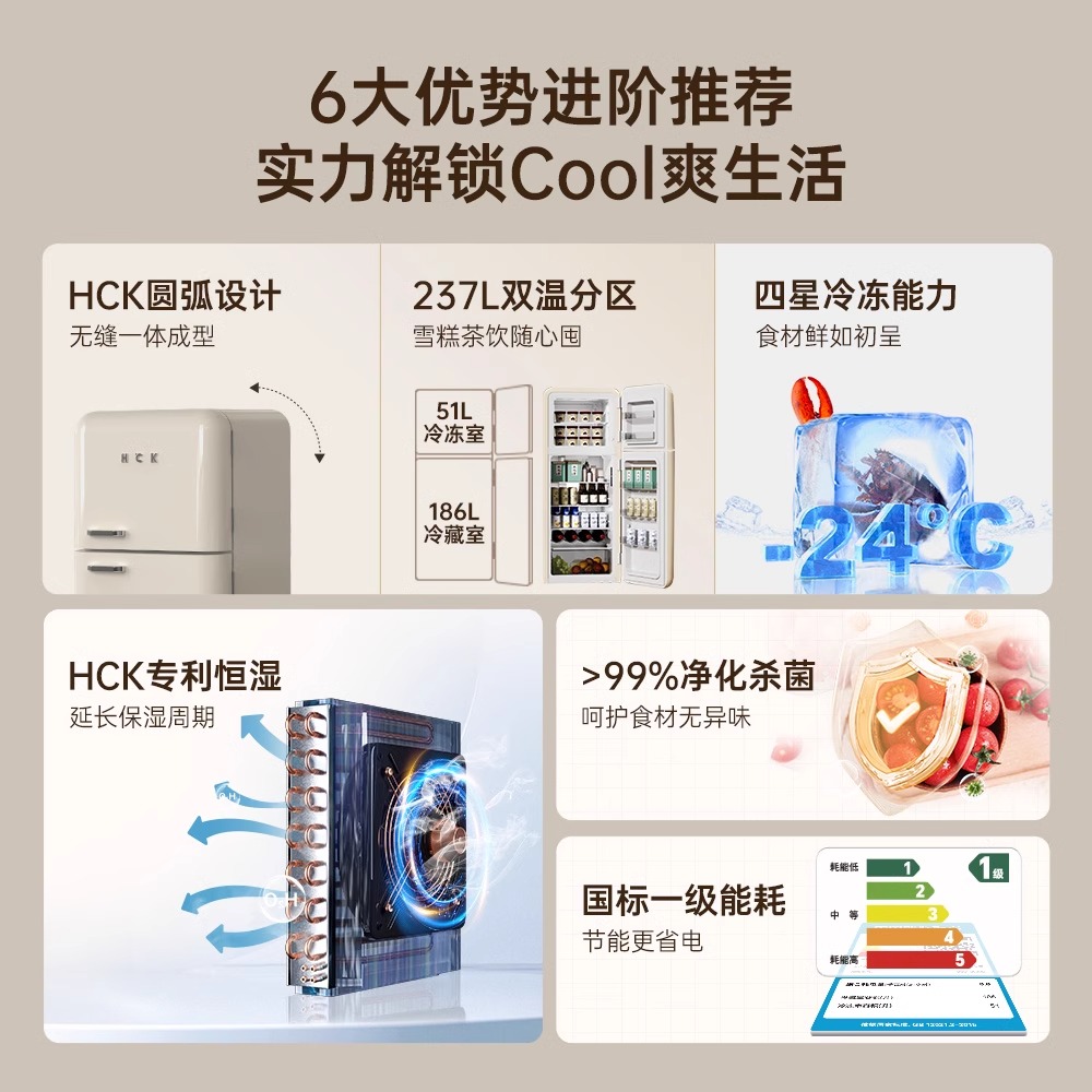 HCK哈士奇双门复古冰箱小香风Pro家用变频风冷客厅小型网红高颜值 - 图1