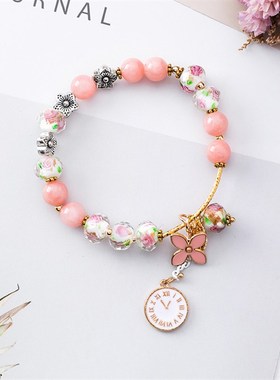 极速日韩复e古花朵水晶手錬女简约民族风时钟叶子手串个性手环闺
