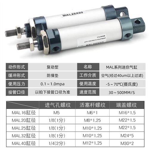 大推力小型气动铝g合金迷你气缸MAL16/20/25/32/40-100/50/75-CA - 图2