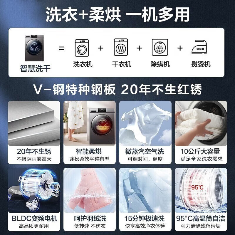 海尔洗衣机家用全自动10公斤洗烘一体滚筒智能超薄嵌入式防生锈