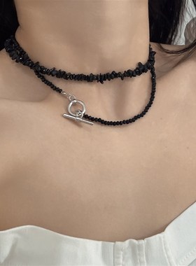 速发新款黑色碎石水晶项链小众叠戴双层OT扣锁骨链夏个性颈链潮