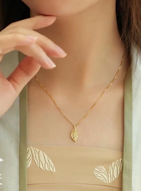 极速钛钢合成锆石吊坠p 小众气质款树叶子项链甜美百搭轻奢女士锁