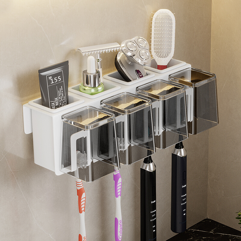 不锈钢电动牙刷架卫生间牙杯架壁挂式牙膏收纳盒黑色置物架免打孔