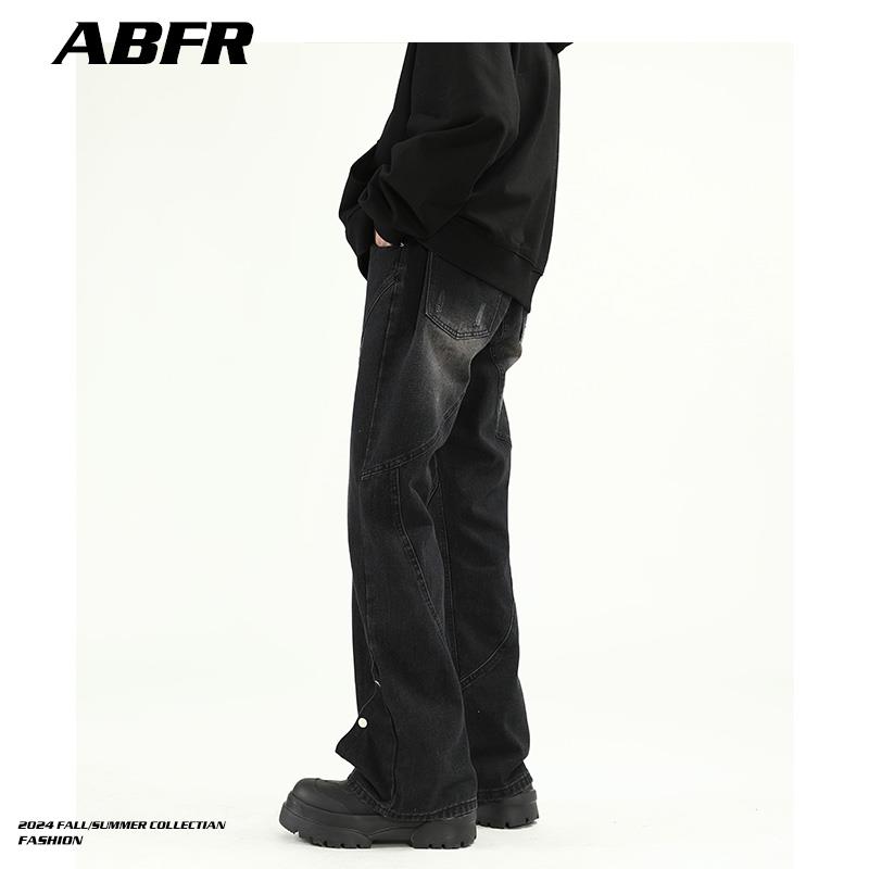 ABFR美式高街vibe风黑灰色微喇牛仔裤潮牌复古做旧修身直筒裤子男 - 图0