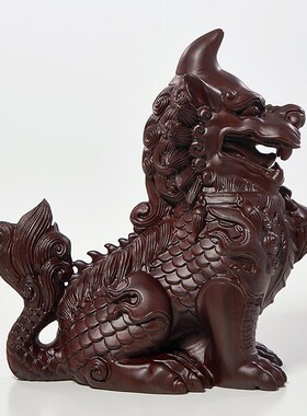 速发黑檀木雕龙生红子獬豸厅兽摆件实木质客神麒麟摆件九木工艺品
