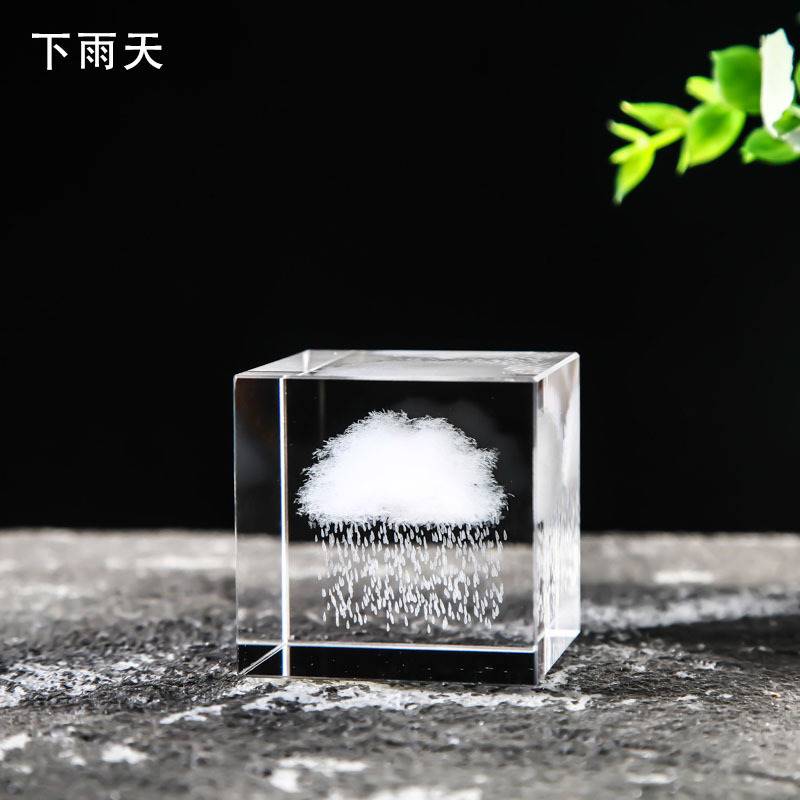 现货速发40-80水晶方体内雕雨点月球太阳系云朵立方心形桌面创意