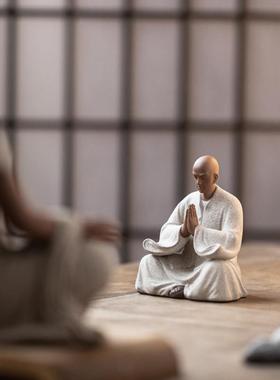 中式紫砂小和尚摆件禅意家居佛系小沙弥办公室桌面陶瓷装饰品摆设