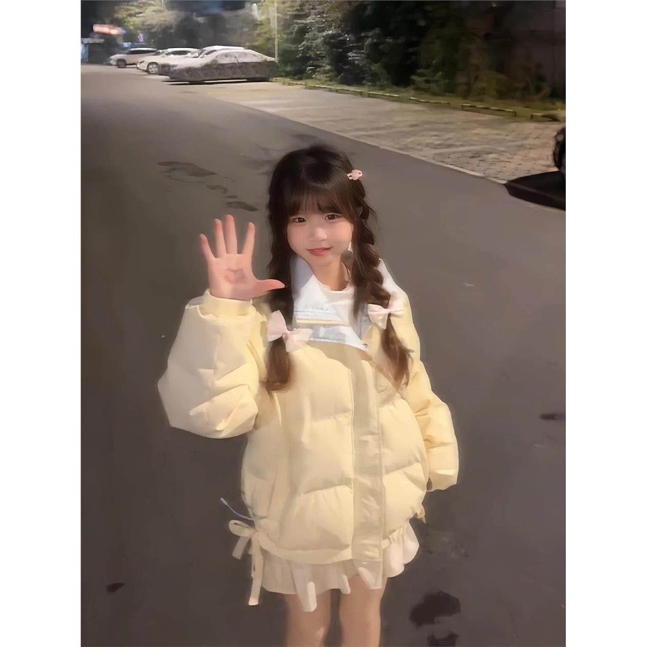 甜美蝴蝶结奶黄色羽绒棉服女2025冬季新款加厚小个子短款棉衣外套,淘宝优惠券,粉丝福利购,淘宝优惠卷