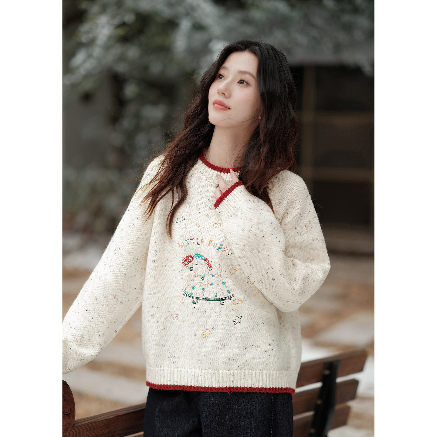 木易易圣诞氛围感毛衣宽松内搭上衣女冬季卡通刺绣撞色小狗针织衫,淘宝优惠券,粉丝福利购,淘宝优惠卷