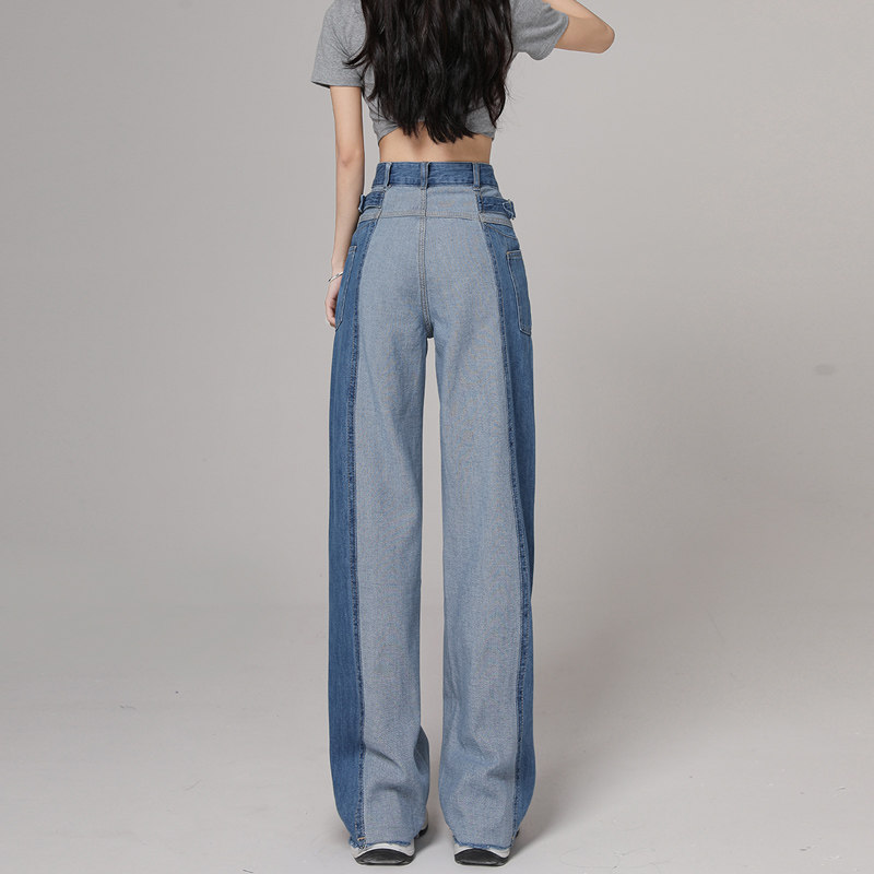 高腰拼接阔腿牛仔裤女2025春季新款宽松显瘦毛边直筒工装裤子,淘宝优惠券,粉丝福利购,淘宝优惠卷