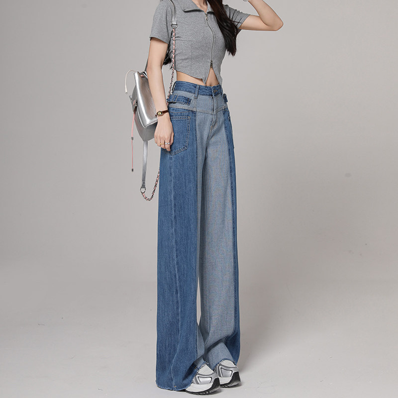 高腰拼接阔腿牛仔裤女2025春季新款宽松显瘦毛边直筒工装裤子,淘宝优惠券,粉丝福利购,淘宝优惠卷