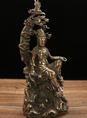 铜观音摆件纯铜水月观音家居供奉自在观音小号铜月亮观音菩萨神像