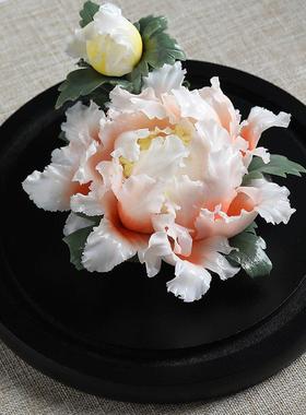 东方泥土《牡丹花》中式陶瓷手工捏花艺术摆件家居仿真花桌面饰品