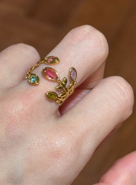 vintage中古花卉枝叶开口戒指女