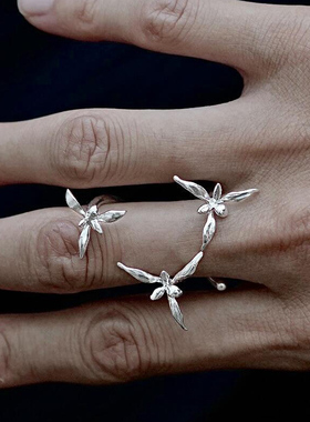 新中式银色无根花戒指轻奢高级感