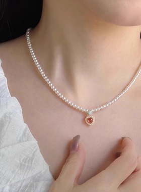 爆闪酒红爱心珍珠项链女2025新款