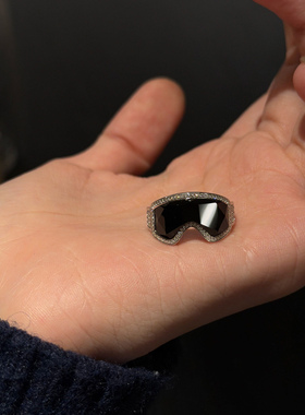 金属感银色黑玛瑙滑雪镜戒指轻奢