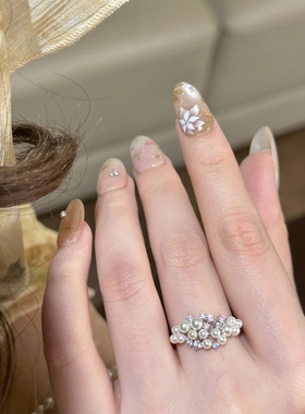 法式珍珠闪钻戒指轻奢高级感时尚