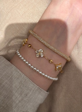 爆闪金色碎碎冰四叶花手链女2025