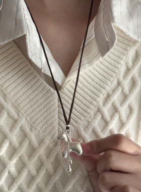 古法拉丝银色立体小马葫芦项链女