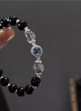转运招财仿黑曜石海蓝宝手链女款