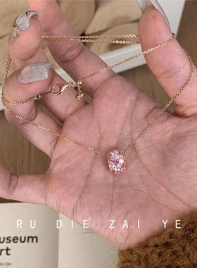 粉色满钻路路通吊坠项链女款2025