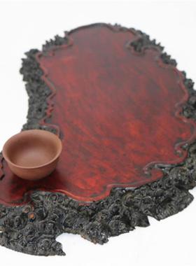 花梨木茶盘 红木瘤疤瘿木底座 禅意盆景菖蒲 瘿木干泡台