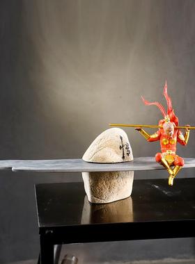 真石头摆件 诧寂风花器创意石头展台置物架 玄关盆景石装饰