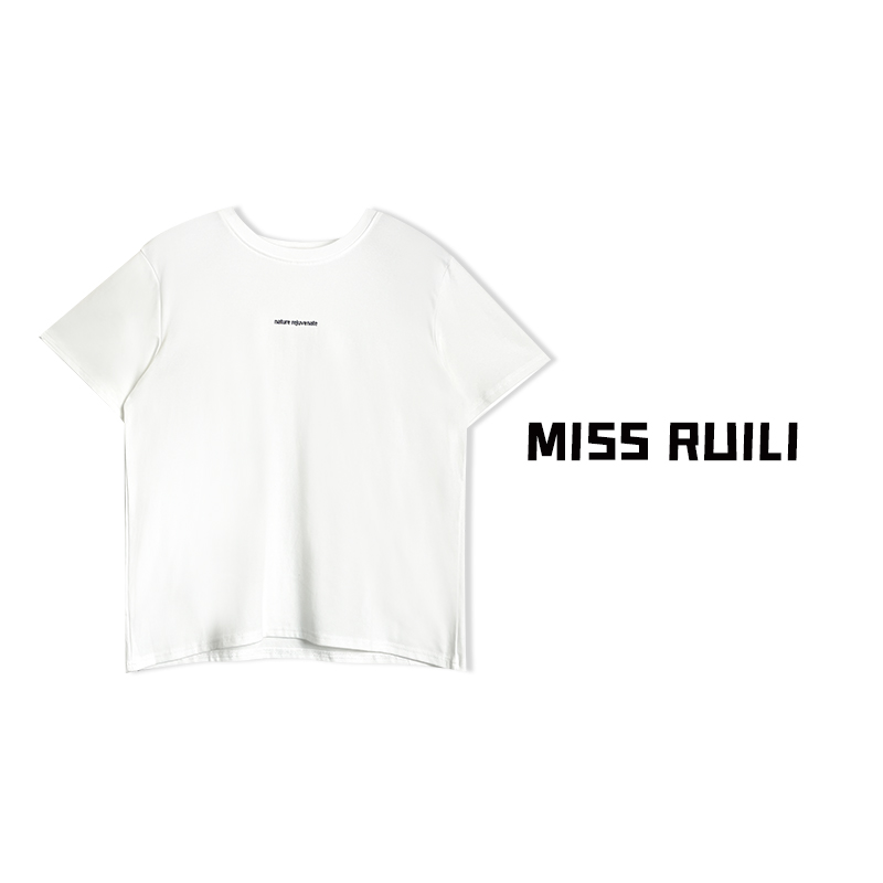 MISS RUILI定制 春季圆领百搭字母印花正肩宽松短袖T恤A6810 - 图0