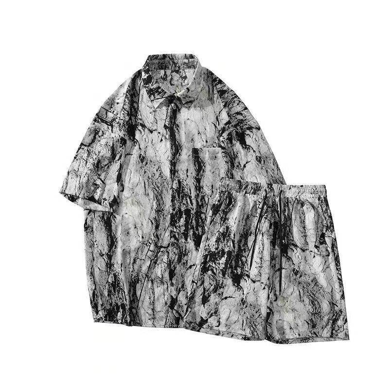 外贸男士衬衫套装垂感大码滑料凉感冰丝短袖衬衫短裤沙滩风,淘宝优惠券,粉丝福利购,淘宝优惠卷