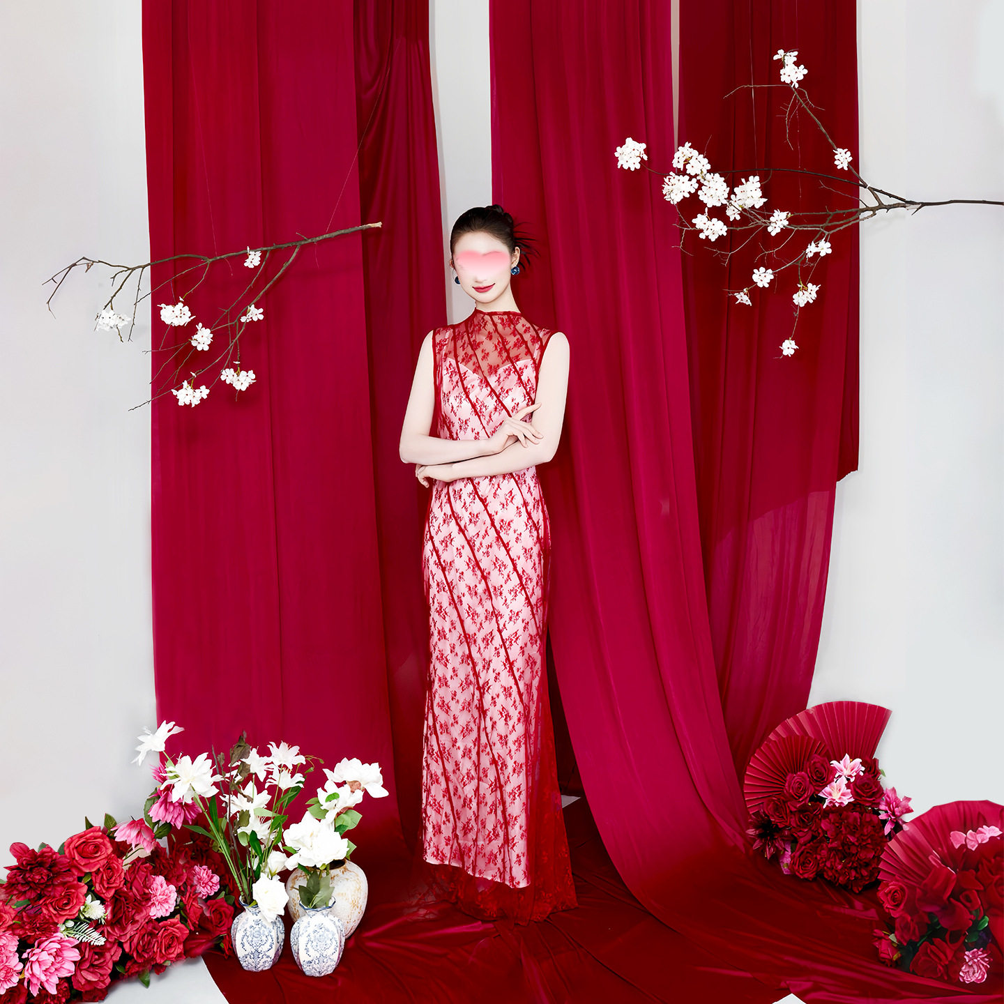 婚房布置晨袍套装仿真玉兰花高级酒红帷幔结婚装饰婚礼场地背景墙,淘宝优惠券,粉丝福利购,淘宝优惠卷