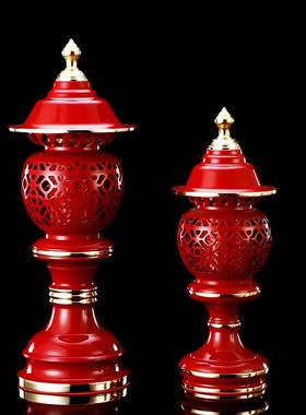 佛前摆件纯铜供具全套装家用中式拜神供盘红色供奉香炉五件套供杯