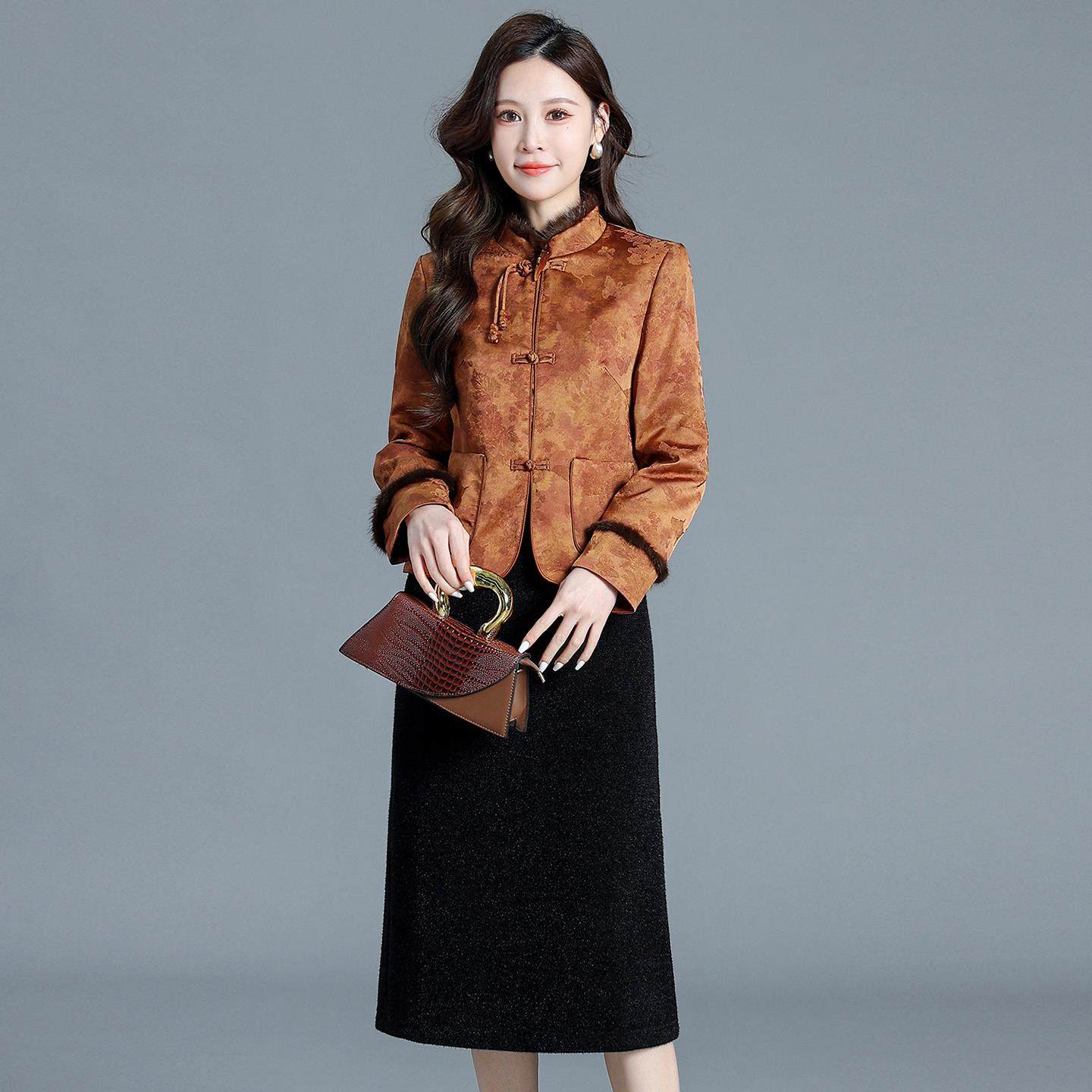 新中式提花唐装棉衣貂绒连衣裙套裙时尚套装国风棉袄裙子两件套 - 图1