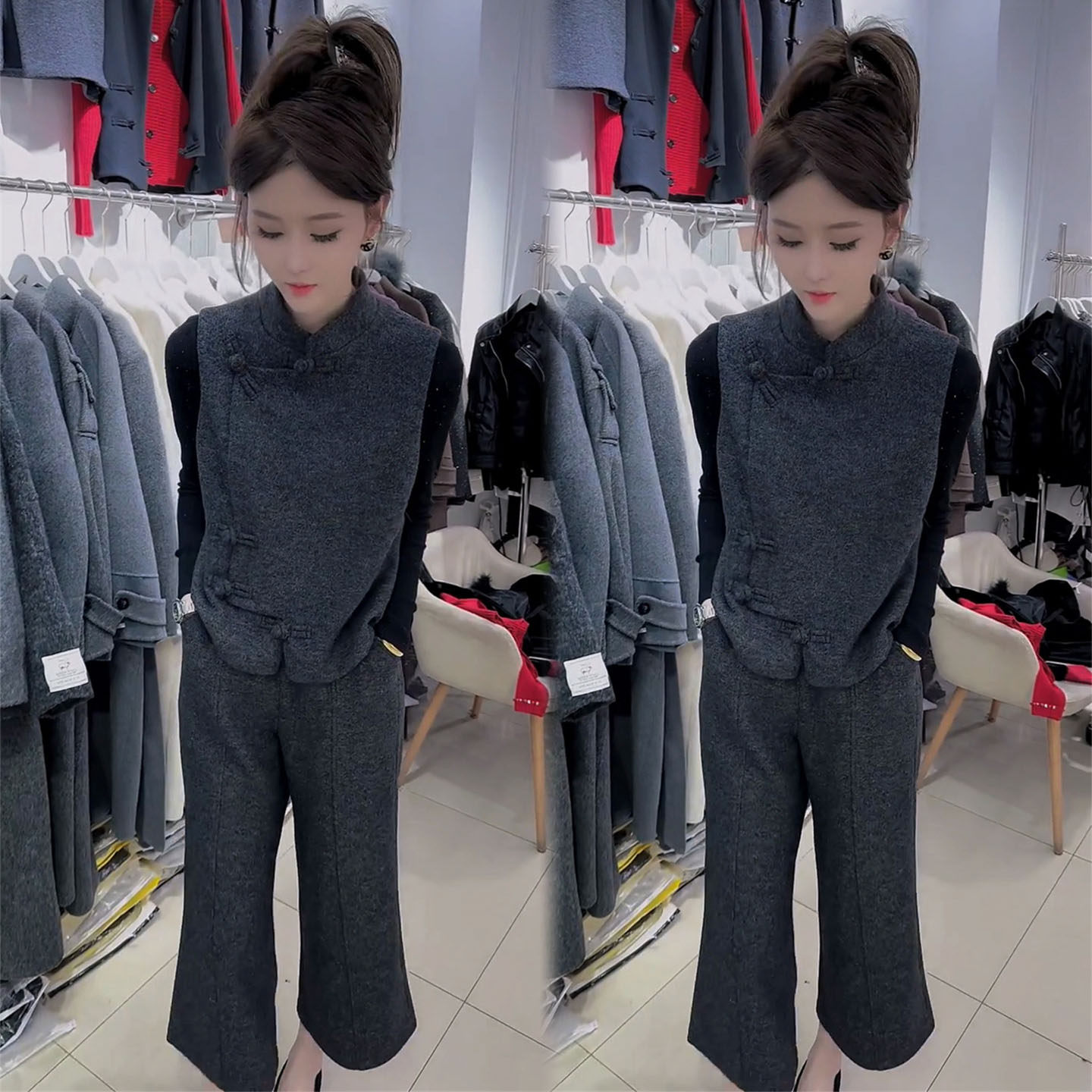 新中式时尚套装女2026春季设计感洋气盘扣马甲t恤阔腿裤三件套冬,淘宝优惠券,粉丝福利购,淘宝优惠卷