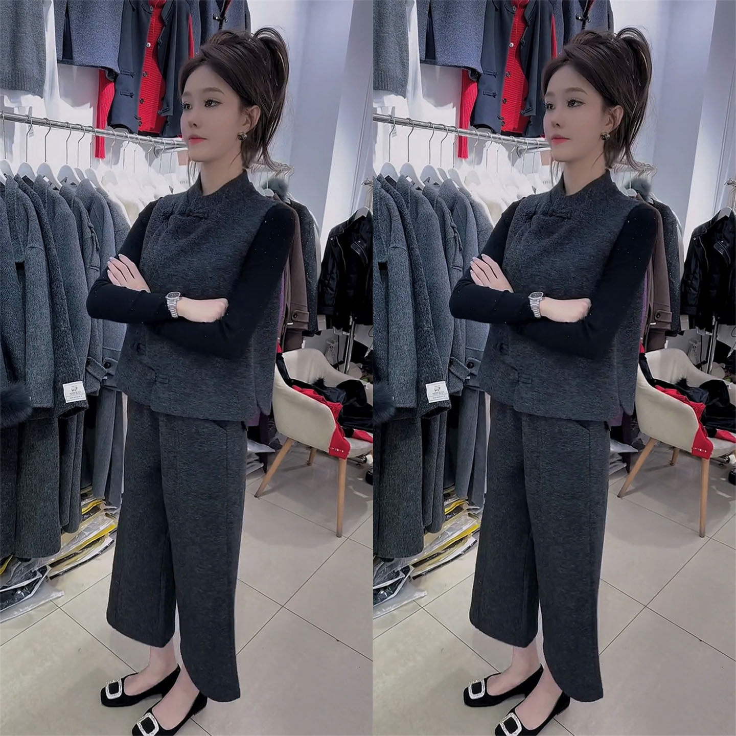 新中式时尚套装女2026春季设计感洋气盘扣马甲t恤阔腿裤三件套冬,淘宝优惠券,粉丝福利购,淘宝优惠卷