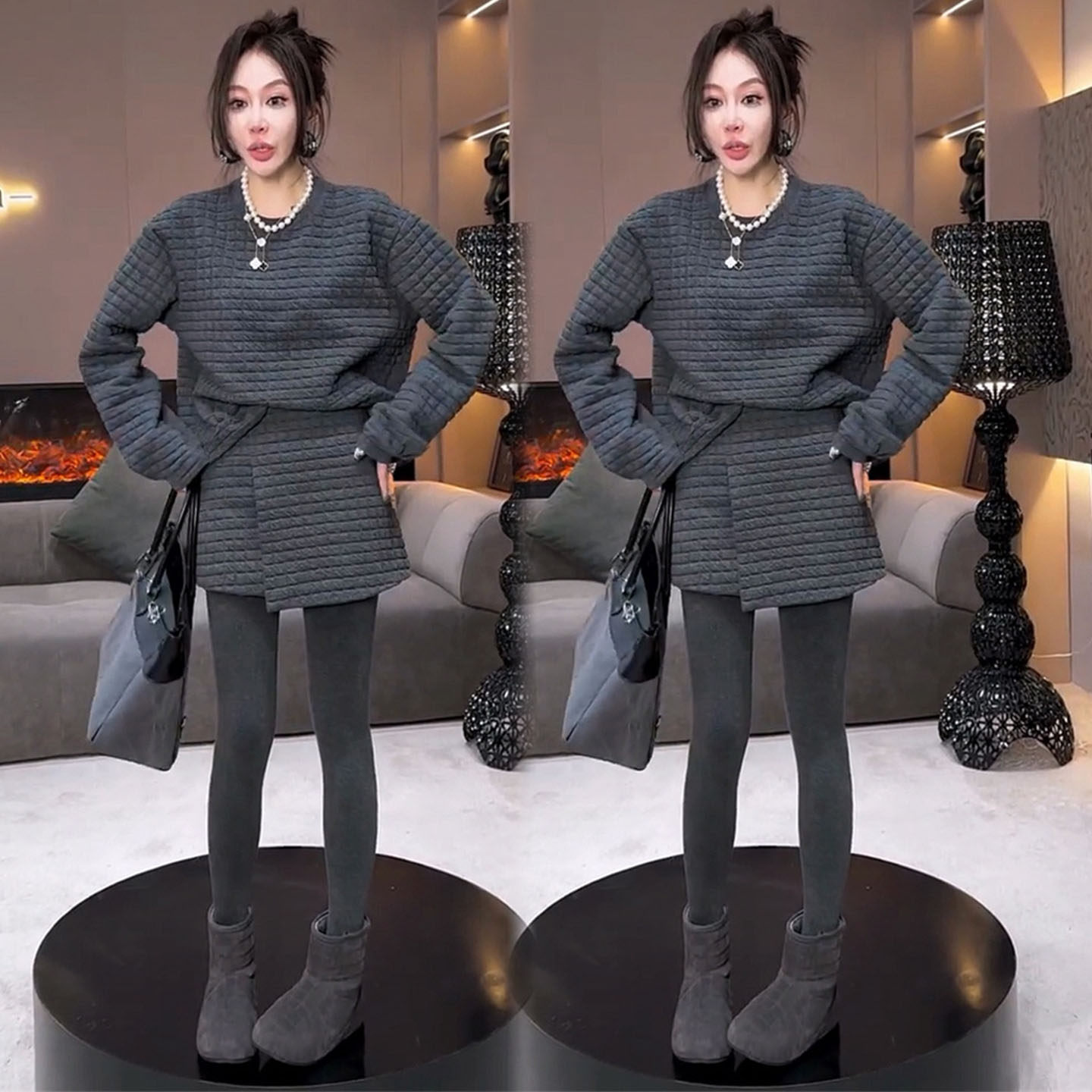 欧货格子时尚套装女2055冬季洋气休闲韩版高级感卫衣半身裙两件套,淘宝优惠券,粉丝福利购,淘宝优惠卷