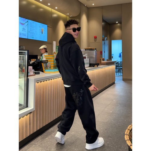 冬季高品质男款加绒套装连帽卫衣高街十字花设计弯刀卫裤两件套潮 - 图2