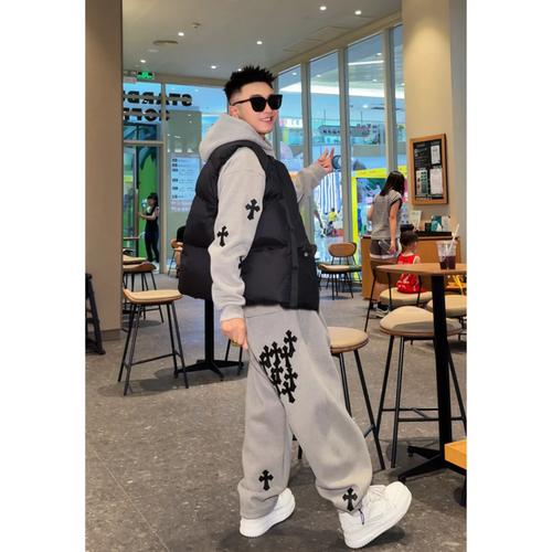 冬季高品质男款加绒套装连帽卫衣高街十字花设计弯刀卫裤两件套潮 - 图0