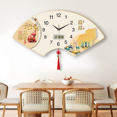 扇形装饰画客厅挂钟日历中国结家用钟表静音石英简约国风挂墙时钟 - 图2