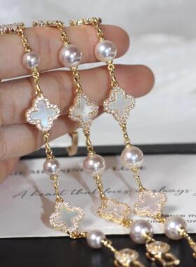 天然白贝四叶草强光珍珠小众手链