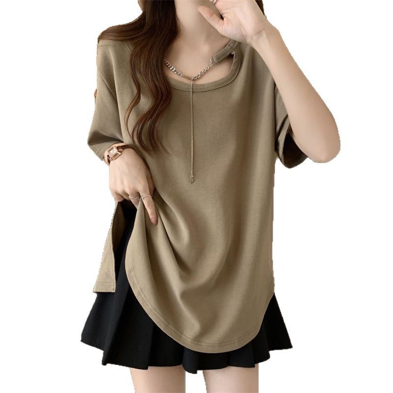 短袖T恤女夏季2025新款宽松显瘦百搭中长款大码设计感打底衫上衣 - 图2