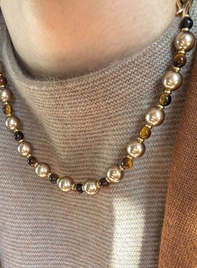 日本品质秋冬款美拉德虎眼石摩卡金棕施家珍珠串珠项链轻奢小众设