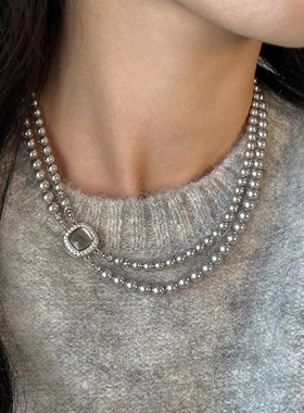 日本品质贝母扣真多麻色灰珍珠双层项链女百搭高级感小众设计女毛