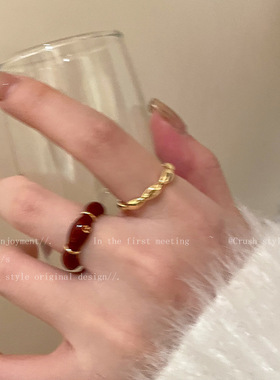 酒红色竹节戒指女小众设计