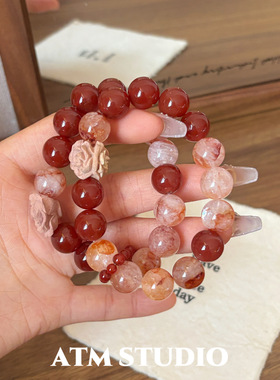新中式血柏木玫瑰红玛瑙招财手链