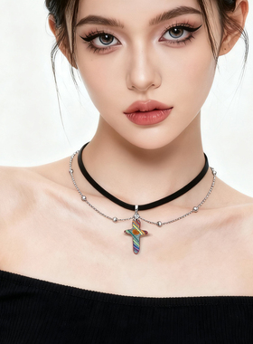 原创设计小众项链皮质颈圈水晶