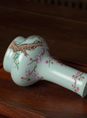 汝窑手绘小花瓶高端瓷器轻奢粉彩纯手工装饰陶瓷摆件天青色礼盒装