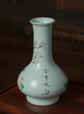 手绘汝瓷花瓶客厅高端摆件景德镇粉彩直颈瓶纯手工牡丹送礼送长辈