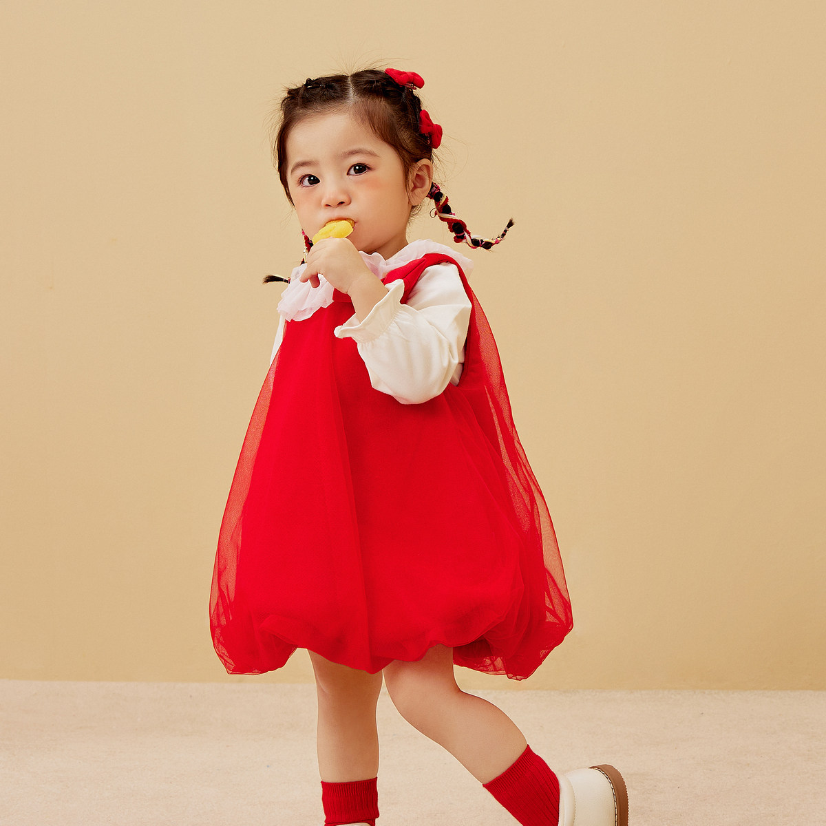 迷你巴拉巴拉女童新年红色连衣裙拜年服秋季儿童网纱洋气公主裙子,淘宝优惠券,粉丝福利购,淘宝优惠卷