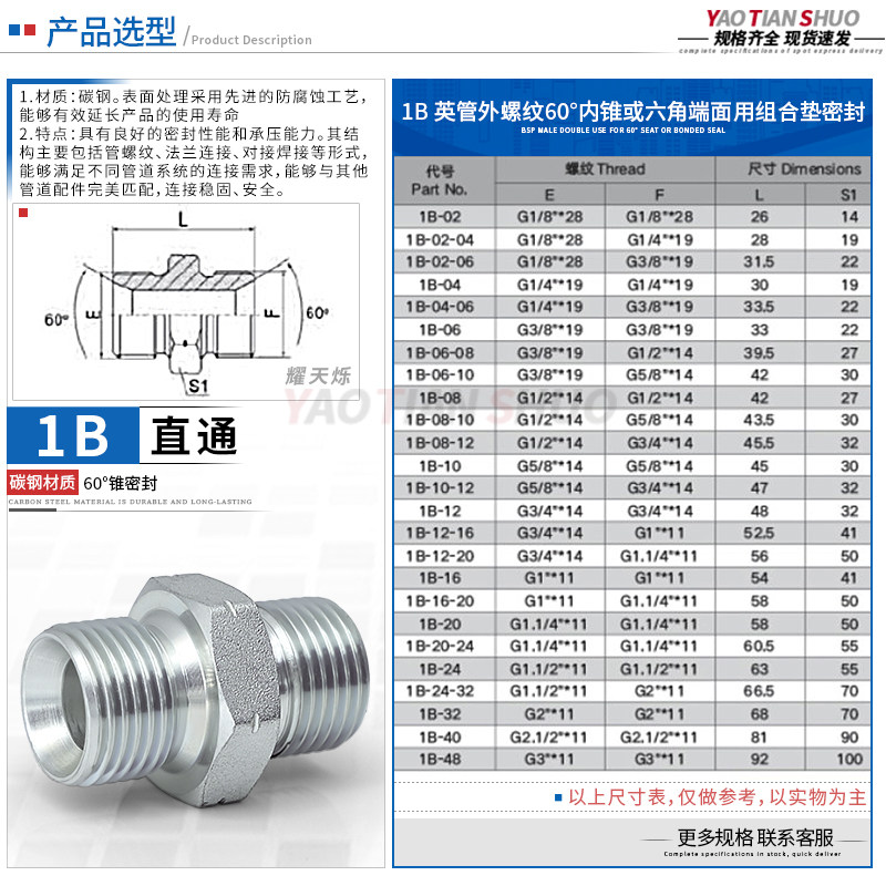 1B英管外螺纹60度内锥对丝变径直通碳钢直通管油管外丝液压接头,淘宝优惠券,粉丝福利购,淘宝优惠卷